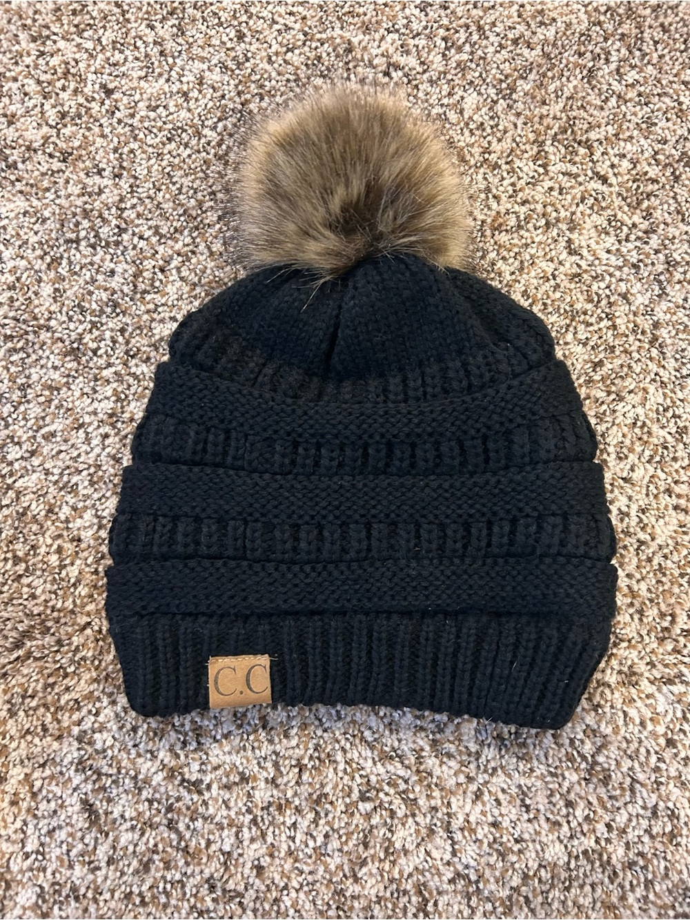 C.C black Knit Pom Beanie Hat with Faux Fur Pom